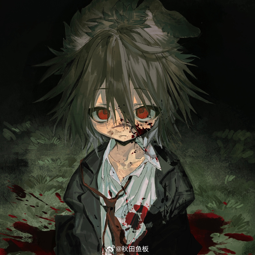 1boy animal_ears aoi_(cariiiie) black_jacket blood blood_on_face blood_on_ground brown_hair brown_necktie chinese_commentary closed_mouth collared_shirt commentary_request dog_boy dog_boy_(aoi_(cariiiie)) dog_ears frown grass highres jacket male_focus necktie night open_clothes open_collar open_jacket original outdoors shirt short_hair solo upper_body weibo_watermark white_shirt