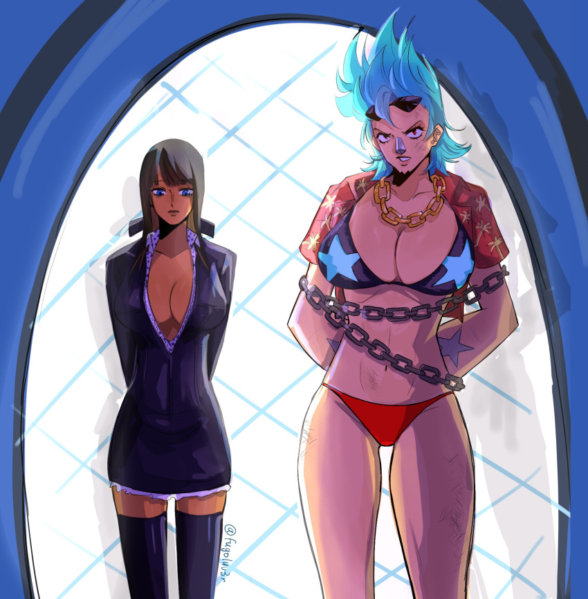 bad_link bikini black_dress black_hair blue_eyes blue_hair boots breasts chain_necklace chains dark_skin dress eyewear_on_head franky_(one_piece) fugoluv3r genderswap_(mtf) highres jewelry necklace nico_robin red_eyes rule_63 sunglasses swimsuit window