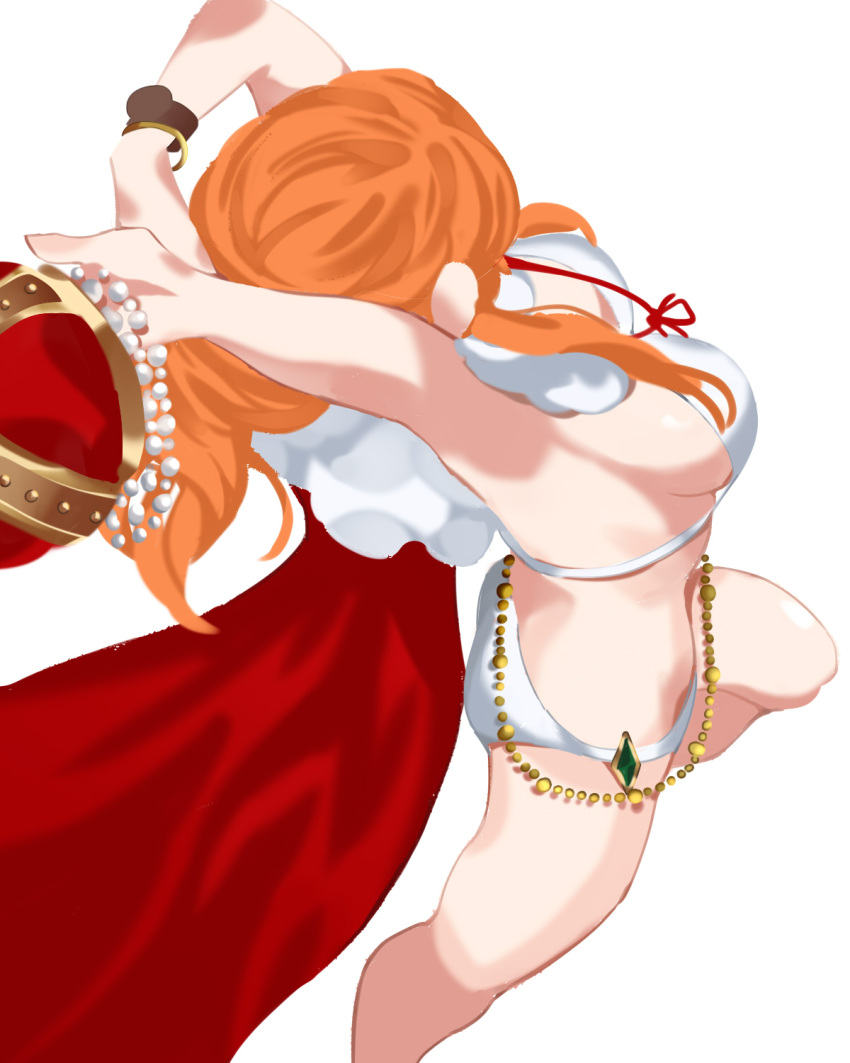 arms_up bangle bare_legs beads bikini bracelet breasts cape crown female foot_out_of_frame from_above halterneck highres holding holding_crown jewelry large_breasts long_hair nami_(one_piece) one_piece orange_hair pandar_op red_cape sideboob sidelocks solo standing standing_on_one_leg swimsuit wavy_hair white_background white_bikini