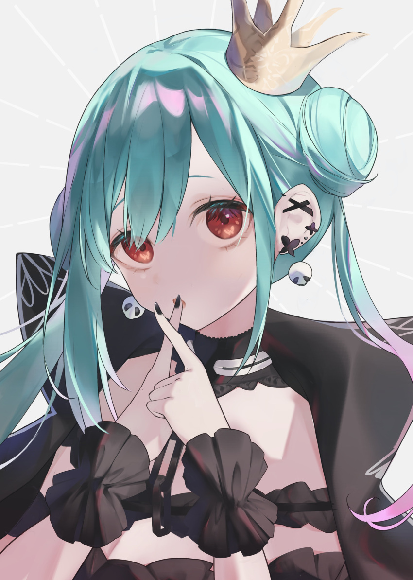 absurdres black_choker black_coat black_nails choker coat commentary crossed_fingers crown double_bun ear_piercing earrings female fingernails gradient_hair green_hair grey_background hair_bun highres hololive irisu-chan_(yumemiruk) jewelry lace lace_choker long_hair looking_at_viewer mini_crown multicolored_hair piercing pink_hair red_eyes sidelocks skull_earrings solo symbol-only_commentary tilted_headwear upper_body uruha_rushia uruha_rushia_(3rd_costume) virtual_youtuber