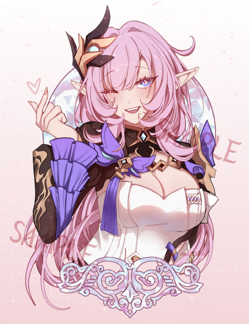 ;d absurdres blue_eyes breasts cleavage commentary elf elysia_(honkai_impact) elysia_(miss_pink_elf)_(honkai_impact) english_commentary female finger_heart hair_between_eyes hair_ornament heart highres honkai_(series) honkai_impact_3rd large_breasts long_hair looking_at_viewer merchandise_available one_eye_closed open_mouth pink_hair pointy_ears pristinemori sample_watermark smile solo watermark