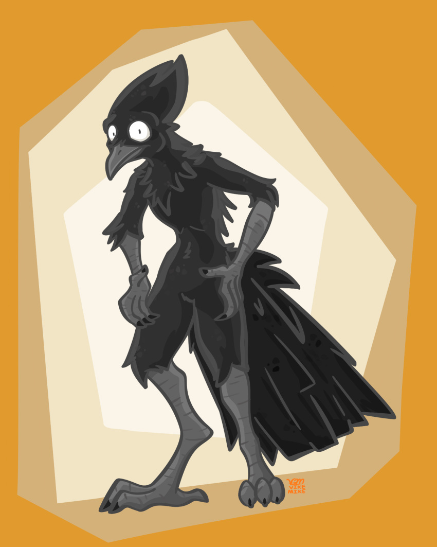 4:5 anthro avian awkward awkward_pose beak bird caught_off_guard corvid corvus_(genus) crow digital_drawing_(artwork) digital_media_(artwork) digitigrade feather_tuft feathers feet hi_res hunched_over looking_at_viewer male nude nude_anthro nude_male oscine passerine ruffled_feathers simple_background slim solo standing surprised_expression tail tail_feathers talons toes tuft vike_mike wide_eyed wingless_avian