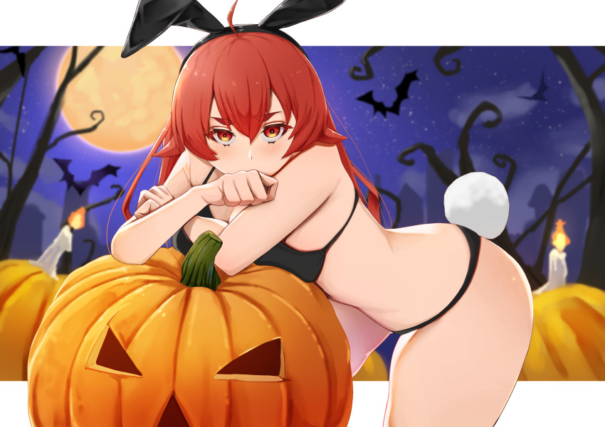 absurdres ahoge animal_ears bare_tree bat_(animal) bikini black_bikini candle commentary eris_greyrat fake_animal_ears fake_tail female fire full_moon halloween highres jack-o'-lantern kaneko_ryou long_hair moon mushoku_tensei night outdoors pumpkin rabbit_ears rabbit_tail red_eyes red_hair sky solo star_(sky) starry_sky swimsuit tail tree