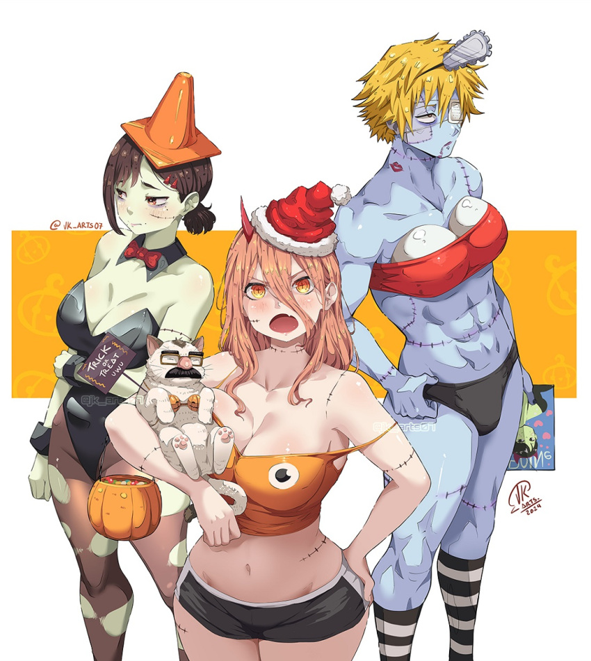 1boy 2girls black_leotard black_shorts blonde_hair blue_skin bow bowtie breasts brown_eyes brown_hair brown_pantyhose camisole chainsaw chainsaw_man cleavage colored_skin crop_top cross-shaped_pupils demon_girl demon_horns denji_(chainsaw_man) detached_collar eyepatch feline green_skin hair_between_eyes halloween_bucket hat higashiyama_kobeni highres horns jk_arts large_breasts leotard lipstick_mark lipstick_mark_on_neck male_swimwear medical_eyepatch meowy_(chainsaw_man) micro_shorts midriff multiple_girls muscular muscular_male navel open_mouth orange_camisole orange_eyes pantyhose pochita_(chainsaw_man) power_(chainsaw_man) red_bow red_bowtie red_horns santa_hat short_hair short_ponytail shorts simple_background socks spiked_hair stitched_face stitches strapless strapless_leotard striped_clothes striped_socks swim_briefs symbol-shaped_pupils torn_clothes torn_pantyhose traffic_cone_on_head tube_top white_background wrist_cuffs zombie_costume