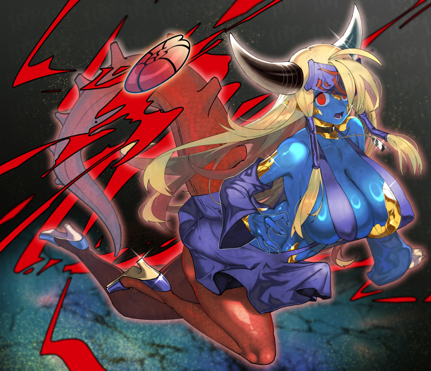 black_horns blonde_hair blue_skin breasts colored_skin commission covered_nipples demon_girl duel_masters female full_body highres horns huge_breasts red_eyes revealing_clothes senjo skeb_commission solo tylnia_fighting_dragon_faerie