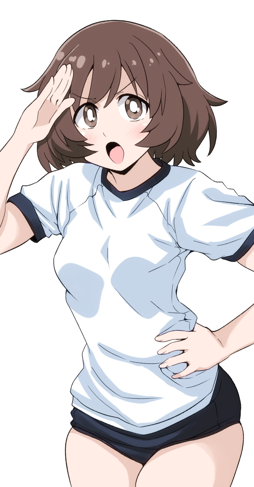 akiyama_yukari black_buruma bright_pupils brown_eyes brown_hair buruma cowboy_shot female frown girls_und_panzer gym_shirt gym_uniform hand_on_own_hip highres looking_at_viewer messy_hair open_mouth ponzu_rui salute shirt short_hair short_sleeves simple_background solo standing white_background white_pupils white_shirt