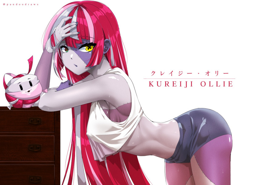 :o ass bare_arms blunt_bangs character_name chest_of_drawers colored_skin covered_nipples crop_top diamond-shaped_pupils diamond_(shape) female green_eyes grey_hair grey_skin hand_on_own_head hololive kureiji_ollie leaning_forward long_hair looking_at_viewer midriff multicolored_hair multicolored_skin navel pandoo patchwork_skin pink_hair profile red_hair shirt short_shorts shorts sleeveless sleeveless_shirt solo stitched_arm stitched_face stitched_leg stitched_torso stitches streaked_hair symbol-shaped_pupils thighs twitter_username two-tone_skin virtual_youtuber whiteboard x-shaped_pupils yarn yarn_ball yellow_eyes zombie