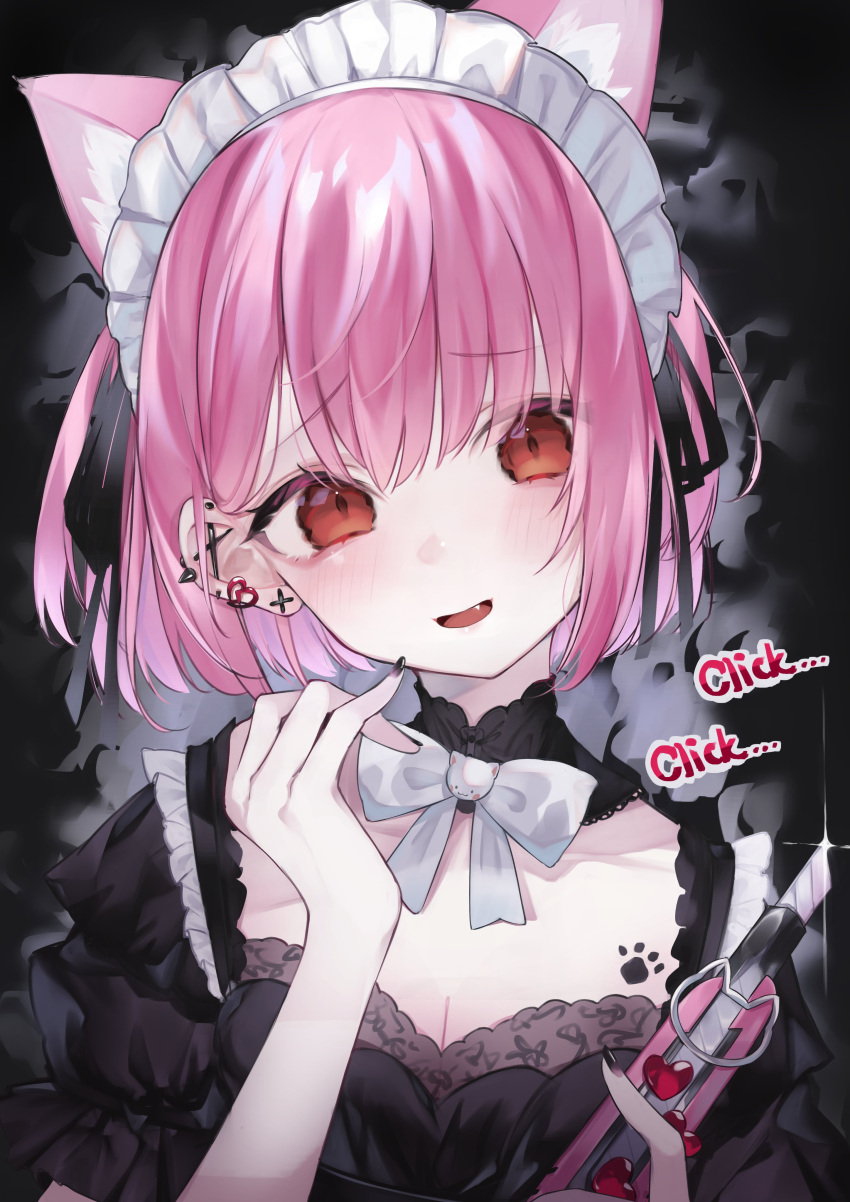 absurdres animal_ears black_background black_dress black_ribbon blush bow bowtie boxcutter breasts cat_ears cat_girl chest_tattoo cleavage commentary dress female frilled_dress frills hair_ribbon head_tilt highres holding holding_boxcutter indie_virtual_youtuber irisu-chan_(yumemiruk) looking_at_viewer maid maid_headdress mikeneko_(vtuber) mikeneko_(vtuber)_(4th_costume) oerba_yun_fang open_mouth orange_eyes paw_print_tattoo pink_hair ribbon short_hair smile solo tattoo upper_body virtual_youtuber white_bow white_bowtie yandere