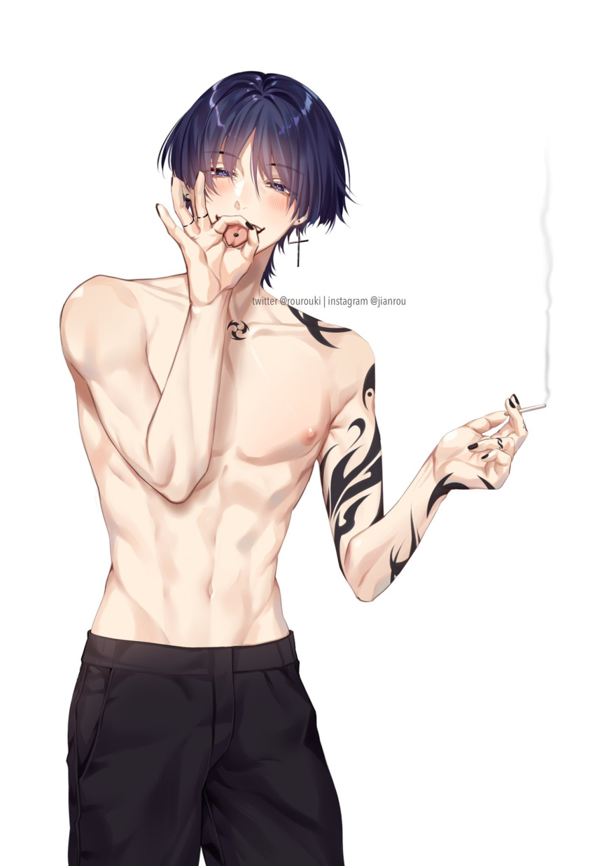 1boy abs black_hair black_nails blush cigarette commentary cross cross_earrings cunnilingus_gesture earrings genshin_impact hair_between_eyes highres holding holding_cigarette instagram_username jewelry looking_at_viewer male_focus nipples ok_sign piercing purple_eyes purple_hair ring rourouki scaramouche_(genshin_impact) simple_background single_earring smoke smoking solo symbol-only_commentary tattoo tongue_piercing topless_male twitter_username white_background