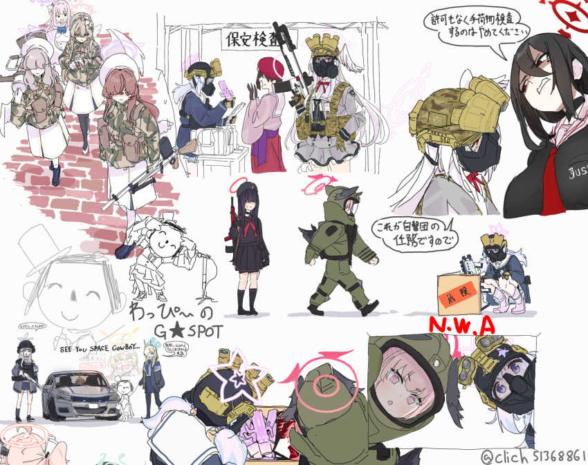 1boy 6+girls alternate_costume arrest beret black_hair black_shirt blue_archive bomb_suit box breasts camouflage camouflage_jacket car cardboard_box clich51368861 collage combat_helmet confrontation covered_face cowboy_bebop doodle_sensei_(blue_archive) double_v faceless faceless_female gas_mask glaring grey_serafuku grey_shirt grey_skirt gun hair_over_eyes halo haniwa_(statue) hasumi_(blue_archive) hat head_wings helmet highres holding holding_gun holding_weapon idol_clothes jacket justice_task_force_member_(blue_archive) kanna_(blue_archive) koharu_(blue_archive) konoka_(blue_archive) large_breasts light_machine_gun load_bearing_equipment long_hair low_twintails low_wings machine_gun mask mika_(blue_archive) mole mole_under_eye motor_vehicle multiple_girls multiple_views nagisa_(blue_archive) natsu_(blue_archive) night_vision_device pink_hair red_eyes reisa_(blue_archive) rifle school_uniform sensei_(blue_archive) serafuku shaded_face shirt simple_background single_head_wing skirt source_quote suzumi_(blue_archive) tea_party_militant_(blue_archive) translation_request twintails twitter_username v walking weapon white_background white_hair wings yoshimi_(blue_archive) yoshimi_(halloween)_(blue_archive)