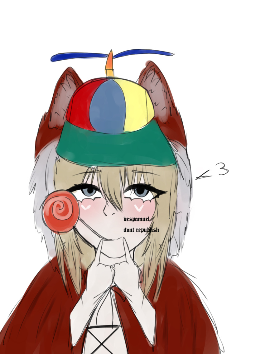 animal_hood black_souls blonde_hair blue_eyes candy cape female fingersmile food fur-trimmed_hood fur_trim highres hood hooded_cape lollipop medium_hair non-web_source propeller_hat red_cape red_hood_(black_souls) self-upload solo swirl_lollipop vespamuel