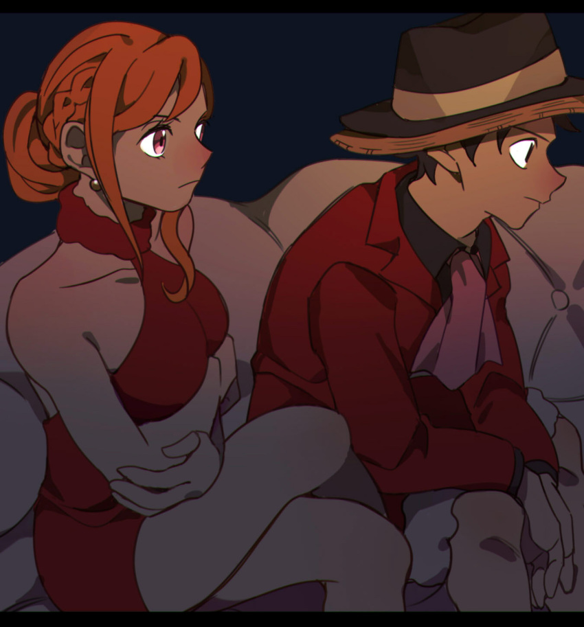 1boy ascot bare_shoulders black_background black_hair black_hat black_shirt braid breasts closed_mouth collarbone commentary_request couch crossed_arms crossed_legs dress earrings feet_out_of_frame female hat highres jacket jewelry large_breasts long_hair monkey_d._luffy nami_(one_piece) official_alternate_costume official_alternate_hairstyle one_piece orange_hair pandar_op pearl_earrings pink_ascot red_dress red_jacket shirt short_hair sitting sleeveless sleeveless_dress straw_hat