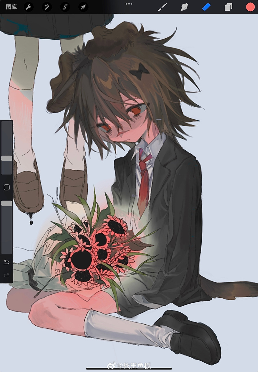 1boy animal_ears aoi_(cariiiie) art_program_in_frame black_bow black_jacket black_shorts black_skirt black_vest bouquet bow brown_footwear brown_hair chinese_commentary collared_shirt commentary_request dog_boy_(aoi_(cariiiie)) dog_ears dog_tail female flower hair_between_eyes hairbow hanged highres jacket lapels long_sleeves male_focus necktie notched_lapels open_clothes open_jacket original pleated_skirt red_eyes red_necktie scar scar_on_face scar_on_nose shirt shoes short_hair shorts sitting skirt socks solo_focus sunflower tail vest wariza weibo_logo weibo_watermark white_shirt white_socks