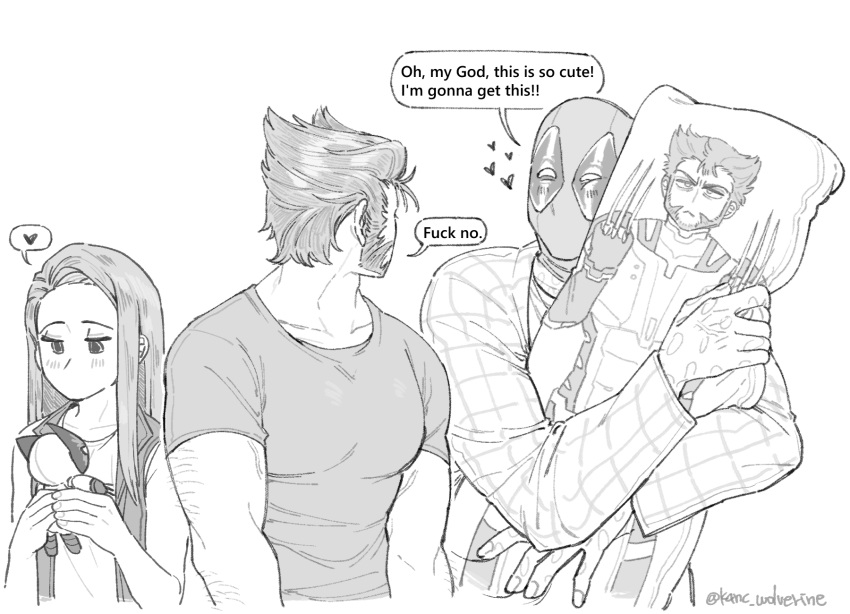 2boys arm_hair beard blush character_doll dakimakura_(object) deadpool deadpool_&_wolverine deadpool_(series) english_text facial_hair female hashtag-only_commentary heart highres hugging_object k4nc_wolverine laura_kinney long_hair looking_at_another marvel marvel_cinematic_universe mask monochrome multiple_boys muscular muscular_male pectorals pillow pillow_hug scar scars_all_over shirt short_hair short_sleeves speech_bubble spoken_heart twitter_username wolverine_(x-men) x-23 x-men yaoi