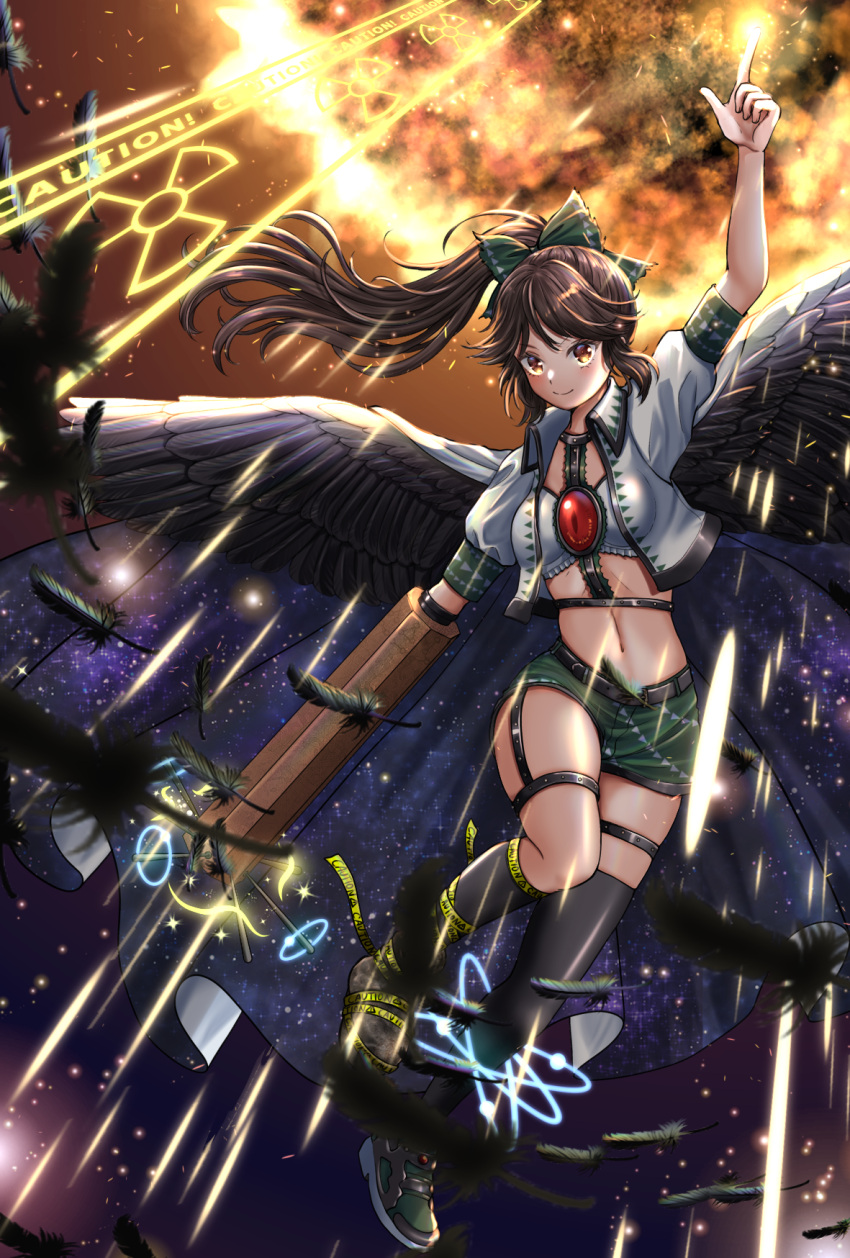 adapted_costume arm_cannon asymmetrical_legwear black_hair black_thighhighs black_wings bow bra brown_eyes cape caution_tape closed_mouth commentary_request female full_body green_bow green_shorts hairbow highres index_finger_raised kyabekko long_hair navel ponytail reiuji_utsuho shorts smile solo sun thigh_strap thighhighs third_eye touhou underwear weapon white_bra white_cape wings