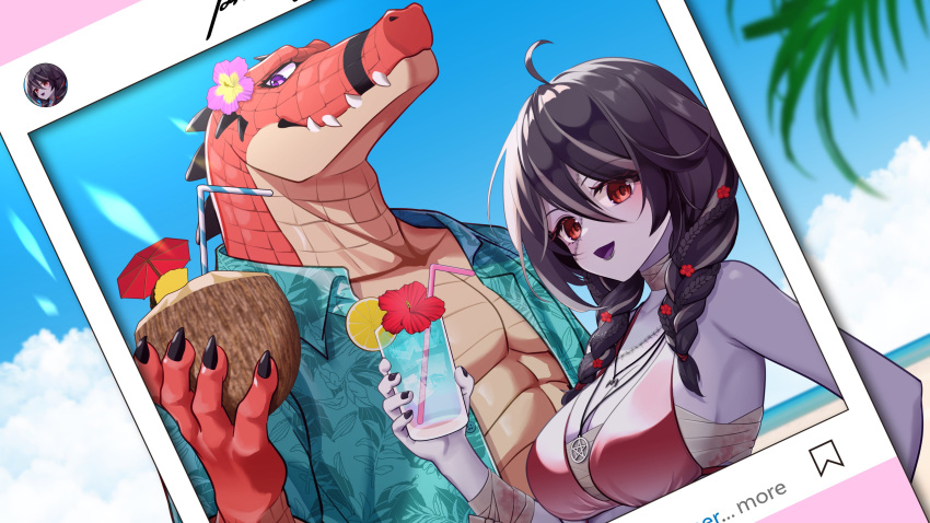 1boy absurdres ahoge aqua_shirt bikini black_hair black_nails blue_sky braid breasts cloud cocktail cocktail_umbrella coconut_cup crocodilian cup demythical drinking_straw female flower hair_between_eyes hawaiian_shirt highres holding holding_cup indie_virtual_youtuber open_mouth palm_leaf papa_krok pentagram_necklace purple_eyes purple_flower red_bikini red_eyes sharp_teeth shirt sky spiro_(supirou2052) stitched_face stitches swimsuit teeth twin_braids upper_body virtual_youtuber zombie