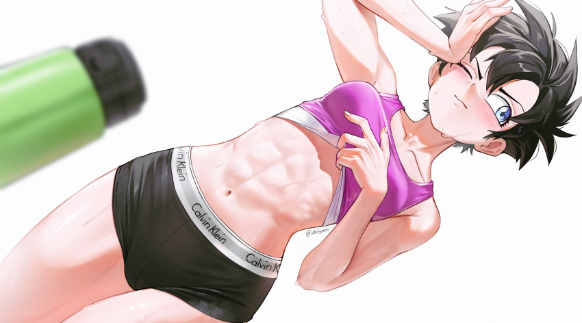 abs absurdres black_hair blue_eyes breasts briefs calvin_klein closed_mouth dragon_ball dragon_ball_z english_commentary female highres male_underwear navel one_eye_closed purple_sports_bra short_hair simple_background small_breasts solo sports_bra sweat toned_female underwear very_sweaty videl waligner white_background