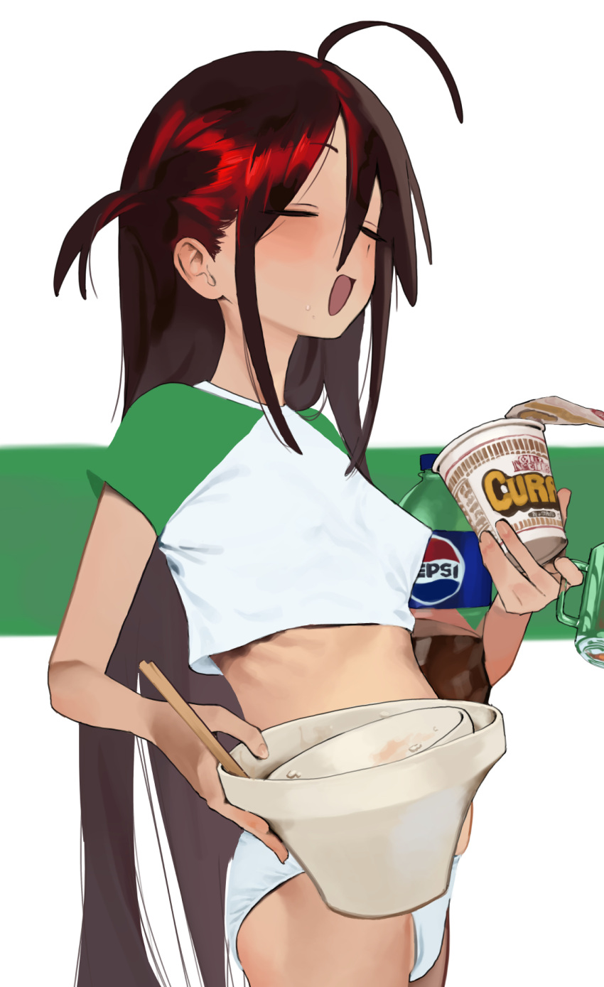 ahoge bowl chopsticks closed_eyes commentary_request cropped_shirt cup female green_sleeves highres hipa_(some1else45) holding holding_cup instant_ramen long_hair mug open_mouth original panties pepsi red_hair shirt side_ahoge soda solo some1else45 underwear white_panties white_shirt