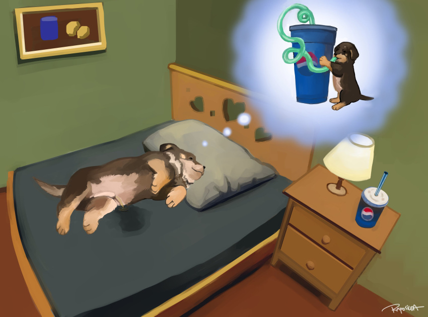 animal animal_focus bed bedroom canine crazy_straw cup disposable_cup doggo_revolution drawer dreaming drinking_straw highres indoors lamp lying no_humans on_bed on_side original painting_(object) peeing pepsi pillow puppy sleeping thought_bubble urine