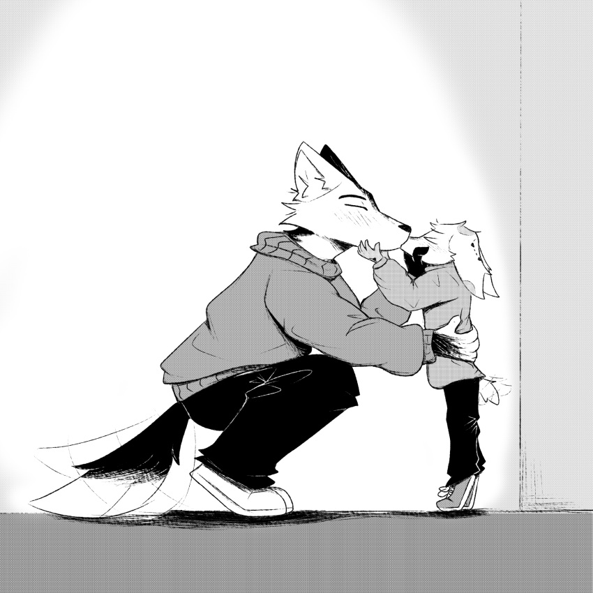 1:1 2024 5_fingers absurd_res anthro bite_mark black_and_white blush blush_lines bottomwear canid canine canis closed_eyes clothed clothing crouching digital_media_(artwork) dipstick_tail dithering duo eyebrows fingers footwear fully_clothed hi_res hoodie inner_ear_fluff interspecies kissing lagomorph leporid long_ears male male/male mammal markings monochrome pants rabbit scut_tail shoes short_tail side_view size_difference snout standing sweater tail tail_markings tail_motion tailwag tiptoes topwear tuft winterfrost_(artist) wolf