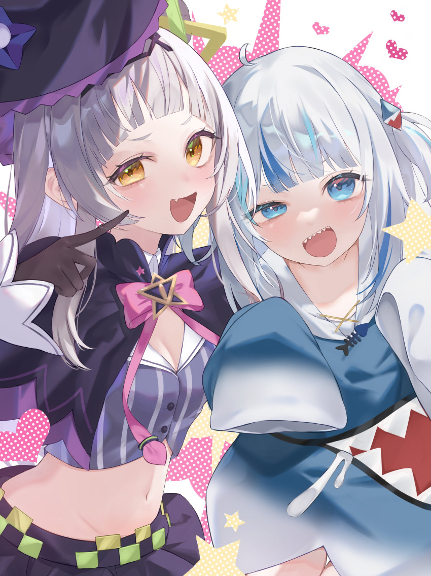 2girls :d absurdres animal_costume arched_bangs black_capelet black_gloves black_hat black_skirt blue_eyes blue_hair blunt_bangs blush bow bowtie breasts capelet cleavage commentary_request cropped_shirt gawr_gura gawr_gura_(1st_costume) gloves grey_hair grey_shirt hat highres hololive hololive_english irisu-chan_(yumemiruk) long_hair long_sleeves looking_at_viewer microskirt midriff multicolored_hair multiple_girls murasaki_shion murasaki_shion_(1st_costume) open_mouth pink_bow pink_bowtie shark_costume sharp_teeth shirt sidelocks skirt sleeves_past_fingers sleeves_past_wrists small_breasts smile streaked_hair striped_clothes striped_shirt teeth upper_body vertical-striped_clothes vertical-striped_shirt virtual_youtuber witch_hat yellow_eyes