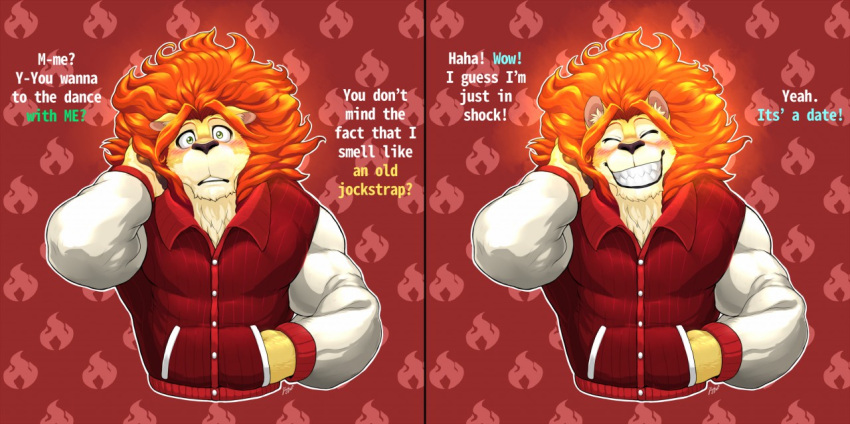 anthro black_nose blush clothed clothing digital_media_(artwork) english_text felid fur hair jacket letterman_jacket lion looking_at_viewer lovers_of_aether male mammal muscular muscular_male pantherine rivals_of_aether simple_background smile solo text titandraugen topwear zetterburn