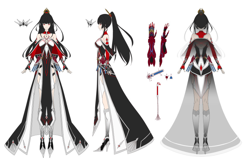 bare_shoulders black_hair breasts cat_o'_nine_tails claws commission female flat_color from_behind from_side full_body high_heels highres long_hair looking_at_viewer medium_breasts mytea_(soso) original pelvic_curtain ponytail red_eyes reference_sheet skeb_commission solo standing straight-on vial waist_cape whip white_background x-ray