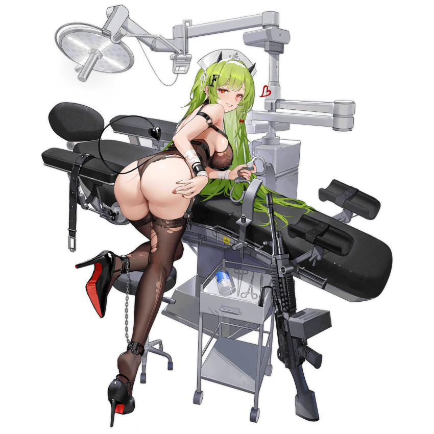 ankle_cuffs ass bandaged_arm bandages black_choker black_footwear black_leotard black_thighhighs blood bow bracelet breasts chains choker colored_shoe_soles cuffs demon_horns demon_tail dental_chair earrings faux_figurine female from_behind full_body garter_straps girls'_frontline green_hair grin gun hair_ornament hairbow hand_on_own_ass hand_up handcuffs has_bad_revision has_censored_revision hat heart high_heels highres holding holding_handcuffs holding_scalpel horns jewelry lace-trimmed_thighhighs lace_trim large_breasts leg_up leotard letter_hair_ornament long_hair looking_at_viewer looking_back machine_gun mk48 mk48_(culprit_of_love-sickness)_(girls'_frontline) mk48_(girls'_frontline) nurse_cap o-ring_arm_strap official_alternate_costume official_art red_bow red_eyes red_nails scalpel shoe_dangle sideboob simple_background smile standing standing_on_one_leg stool surgical_scissors table tail teasing teeth thighhighs third-party_source torn_clothes torn_thighhighs transparent_background weapon white_hat yoyo_(550098)