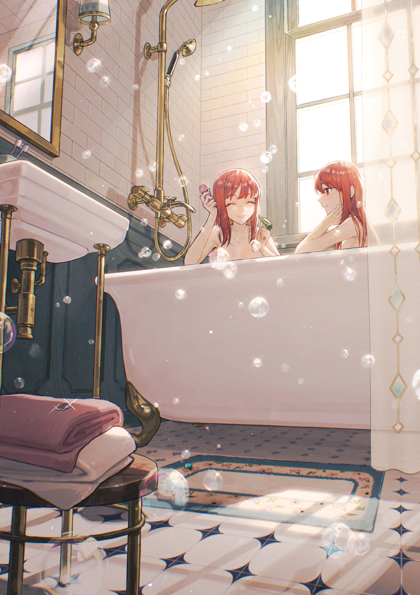 2girls absurdres bare_shoulders bath bath_stool bathing bathroom bathtub bubble bubble_bath bubble_pipe claw_foot_bathtub closed_eyes commentary_request curtains day faucet folded from_below hand_on_own_cheek hand_on_own_face highres indoors industrial_pipe jewelry kotobuki_nashiko lamp long_hair looking_at_another mat mirror multiple_girls nude original red_eyes red_hair reflection ring same-sex_bathing shared_bathing shower_head sink smile soap_bubbles stool tile_floor tile_wall tiles toothbrush window