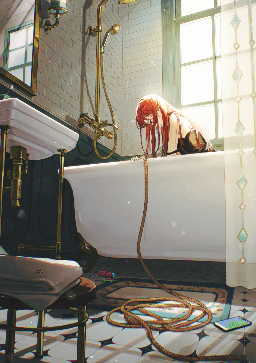 absurdres bare_shoulders bath_stool bathroom bathtub black_camisole bubble_pipe camisole cellphone claw_foot_bathtub clenched_teeth commentary_request cup curtains day faucet female folded from_below highres implied_murder indoors industrial_pipe jewelry kotobuki_nashiko lamp long_hair looking_down mat mirror original phone red_hair reflection ring rope shower_head sink smartphone solo stool teeth tile_floor tile_wall tiles toothbrush window