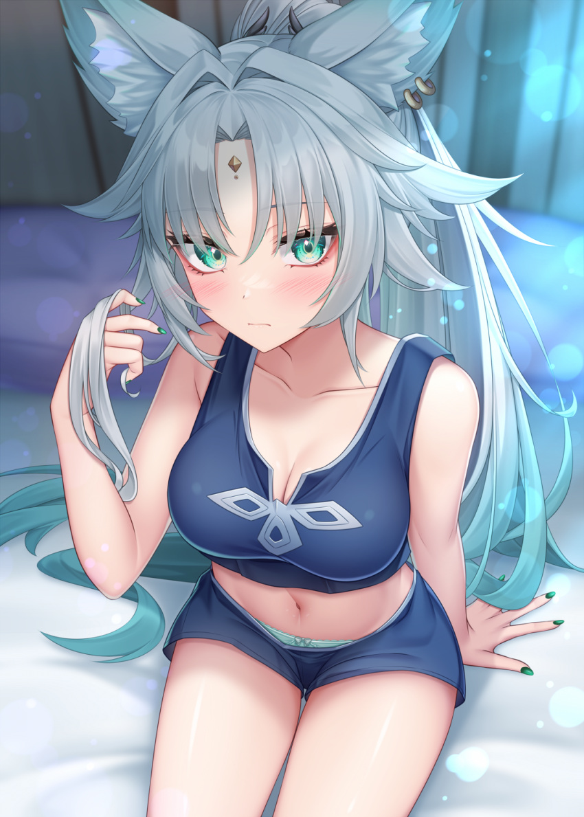 animal_ears bare_shoulders blue_shorts blush earrings eyelashes eyeliner fake_nails feixiao_(honkai:_star_rail) forehead_jewel fox_ears green_eyes green_nails highres honkai:_star_rail honkai_(series) jewelry long_eyelashes makeup nail_polish on_bed panties red_eyeliner short_shorts shorts underwear yoye_(pastel_white)