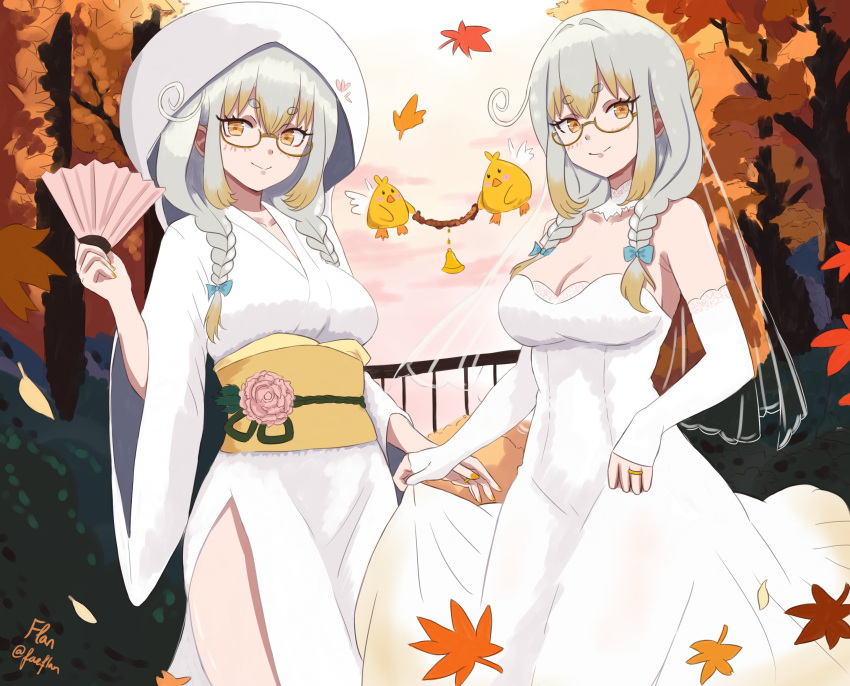 absurdres artist_name autumn_leaves bell bird blonde_hair blue_bow bow breasts cleavage closed_mouth colored_tips detached_sleeves dress faeflan falling_leaves female flower folding_fan grey_hair hairbow hand_fan highres holding holding_fan japanese_clothes jewelry kanna_yanagi kimono leaf multicolored_hair pink_flower pink_rose pixellink ring rose short_eyebrows side_slit skirt_hold smile tree twitter_username virtual_youtuber wataboushi wedding_dress white_dress white_kimono white_sleeves yellow_eyes