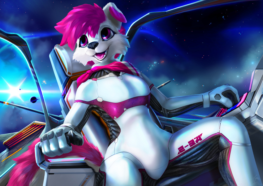 absurd_res anthro canid canine canis cheek_tuft clothing cockpit control_panel corbin_(roscy) domestic_dog driving facial_tuft female fingers fluffy fluffy_tail fur gloves hair handwear happy hi_res kerchief looking_away mammal nebula open_mouth pilot piloting planet purple_body purple_eyes purple_fur purple_tongue science_fiction seat sitting smile solo space spacecraft star suit sun tail teeth tongue tuft vehicle white_body white_fur