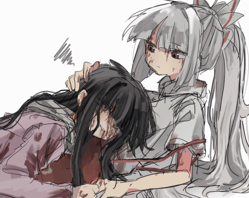 2girls black_hair blood blood_on_arm blood_on_clothes blood_on_face blood_on_hands blunt_bangs fujiwara_no_mokou grey_hair grey_shirt hachi_6218 hair_ribbon hand_on_another's_head head_on_chest high_ponytail highres hime_cut holding_hands houraisan_kaguya long_hair long_sleeves looking_at_another lying multiple_girls on_stomach pants red_eyes red_pants ribbon shirt short_sleeves sidelocks simple_background squiggle suspenders touhou very_long_hair white_background white_ribbon white_shirt yuri