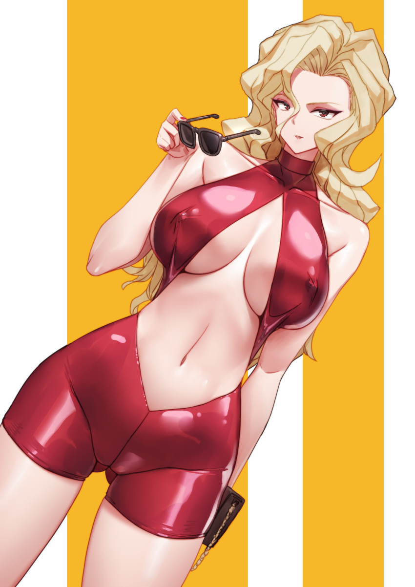 ass_visible_through_thighs blonde_hair bodysuit breasts breasts_apart center_opening covered_nipples dutch_angle female golden_boy highres large_breasts long_hair looking_at_viewer onna_shachou qingmingtongzi red_bodysuit red_eyes removing_eyewear solo sunglasses