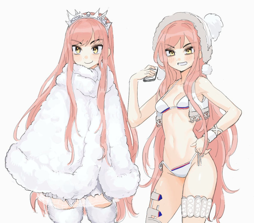 2girls beanie bikini blush breasts cape cleavage closed_mouth commentary cowboy_shot cropped_vest dual_persona earflap_beanie fate/grand_order fate_(series) fur-trimmed_headwear fur_cape fur_trim grin hand_on_own_hip hand_up hat holding holding_phone long_hair looking_at_viewer medb_(fate) medb_(swimsuit_saber)_(fate) medium_breasts multiple_girls multiple_views phone pink_hair pom_pom_(clothes) pom_pom_beanie simple_background skinny smile standing swimsuit takustorage thigh_strap thighhighs tiara v-shaped_eyebrows very_long_hair vest white_background white_bikini white_cape white_thighhighs white_vest yellow_eyes