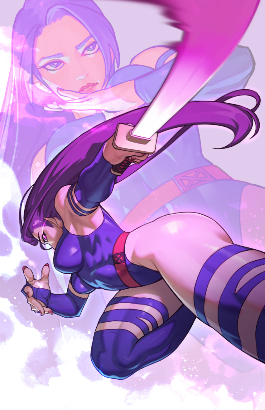 bare_shoulders blue_leotard breasts elbow_gloves female gloves highleg highleg_leotard highres holding holding_sword holding_weapon large_breasts leotard long_hair looking_at_viewer marvel psylocke purple_eyes purple_hair rim_jims solo superhero_costume sword thighhighs weapon x-men