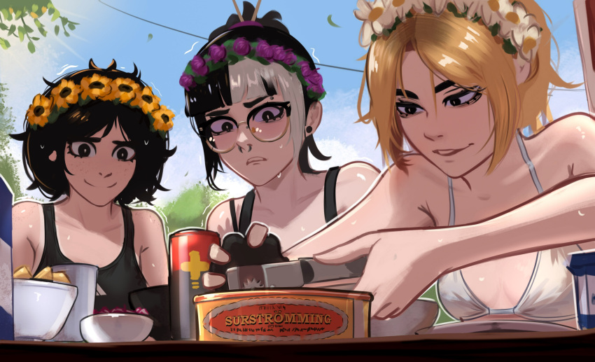 3girls absurdres bikini black_eyes black_hair black_sports_bra blonde_hair blue_sky can can_opener commentary day drink_can flat_chest flower flower_wreath freckles glasses hair_ornament hair_stick head_wreath highres jessie_(veyonis) messy_hair midsummer mika_(veyonis) multiple_girls nervous nervous_smile nervous_sweating opening_can original outdoors parted_lips ponytail purple_flower sky smile sports_bra strap_slip surstromming sweat sweden swedish_text swimsuit trembling veyonis white_bikini white_flower yellow_flower yuna_(veyonis)