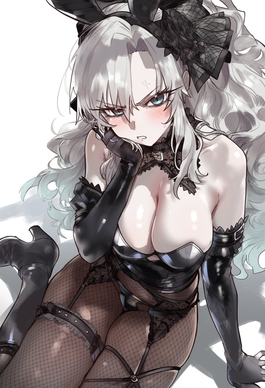 alternate_costume anger_vein animal_ears arm_support bare_shoulders black_flower black_footwear black_garter_belt black_gloves black_leotard black_rose boots breasts cleavage detached_collar ebora elbow_gloves english_commentary fake_animal_ears fate/grand_order fate_(series) female fishnet_pantyhose fishnets flower from_above garter_belt gloves grey_eyes hair_between_eyes hand_on_own_cheek hand_on_own_face high_heel_boots high_heels highres knee_boots kriemhild_(fate) lace-trimmed_collar lace_trim large_breasts leotard long_hair looking_at_viewer pantyhose playboy_bunny rabbit_ears rose simple_background solo veil