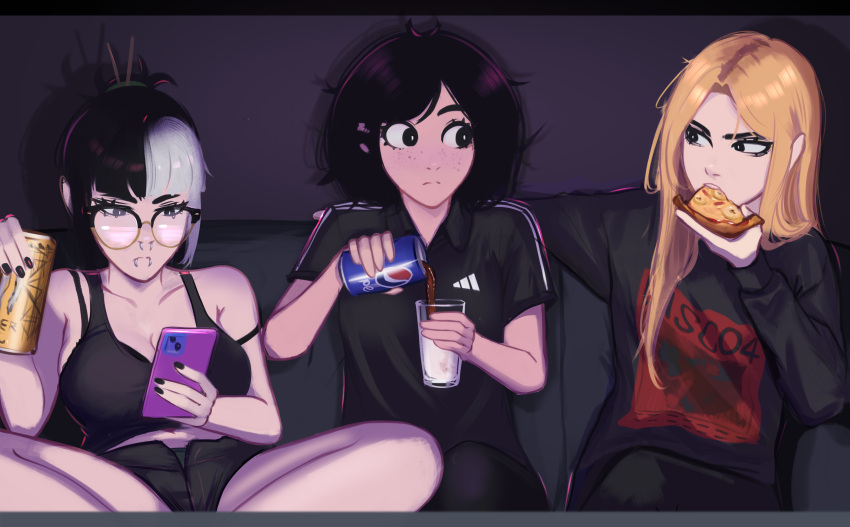 3girls absurdres adidas black_bra black_eyes black_hair black_sweater black_tank_top blonde_hair blunt_bangs bra breasts choker cleavage commentary confused couch cup drink eating food freckles hair_ornament hair_stick highres holding holding_cup holding_drink holding_food holding_pizza indoors jessie_(veyonis) large_breasts lip_piercing long_hair looking_at_another looking_at_phone messy_hair mika_(veyonis) milk monster_energy multicolored_hair multiple_girls nervous nose_piercing on_couch open_fly original phone piercing pilk pizza pizza_slice polo_shirt pouring print_shirt screen_light shirt shorts spread_legs strap_slip sweater tank_top tomboy two-tone_hair underwear veyonis wide-eyed yuna_(veyonis)