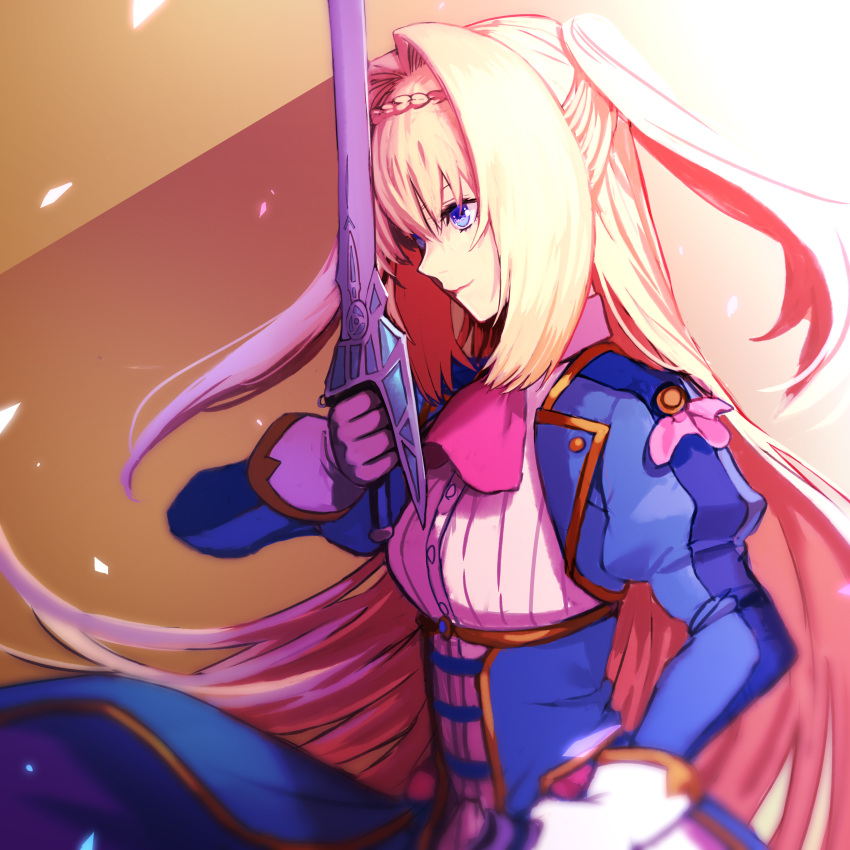 absurdres blonde_hair blue_dress blue_eyes braid breasts character_request check_character dress facing_to_the_side female gloves hair_intakes highres hinomoto_madoka holding holding_sword holding_weapon juliet_sleeves long_hair long_sleeves original puffy_sleeves sidelocks small_breasts smile solo sword underbust upper_body very_long_hair weapon white_gloves