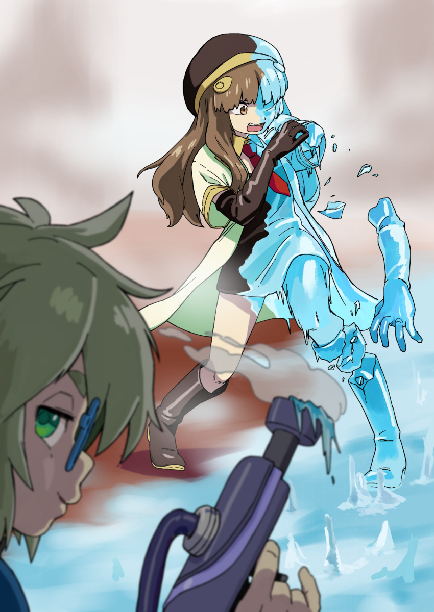 1boy broken broken_arm broken_leg brown_eyes brown_hair drip_(vanillaklein) energy_gun female frozen green_eyes gun highres holding holding_gun holding_weapon ice monster_girl original slime_girl smoke smoking_barrel smug vanilla_(vanillaklein) vanillaklein weapon