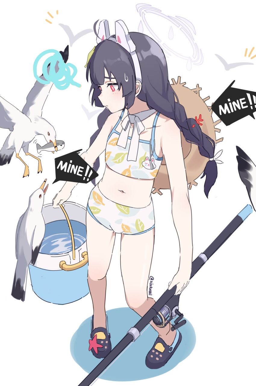 absurdres animal_ears bare_arms bare_shoulders bikini bird black_hair blue_archive braid bucket crocs english_text fake_animal_ears female fishing_rod flat_chest hairband hat hat_on_back highres holding holding_bucket holding_fishing_rod long_hair miyu_(blue_archive) miyu_(swimsuit)_(blue_archive) navel notice_lines rabbit_ears raised_eyebrows red_eyes sacabambaspis seagull simple_background simple_bird solo speech_bubble squiggle standing straw_hat sweatdrop swimsuit twin_braids twitter_username water white_background white_bikini xiu_kukkii