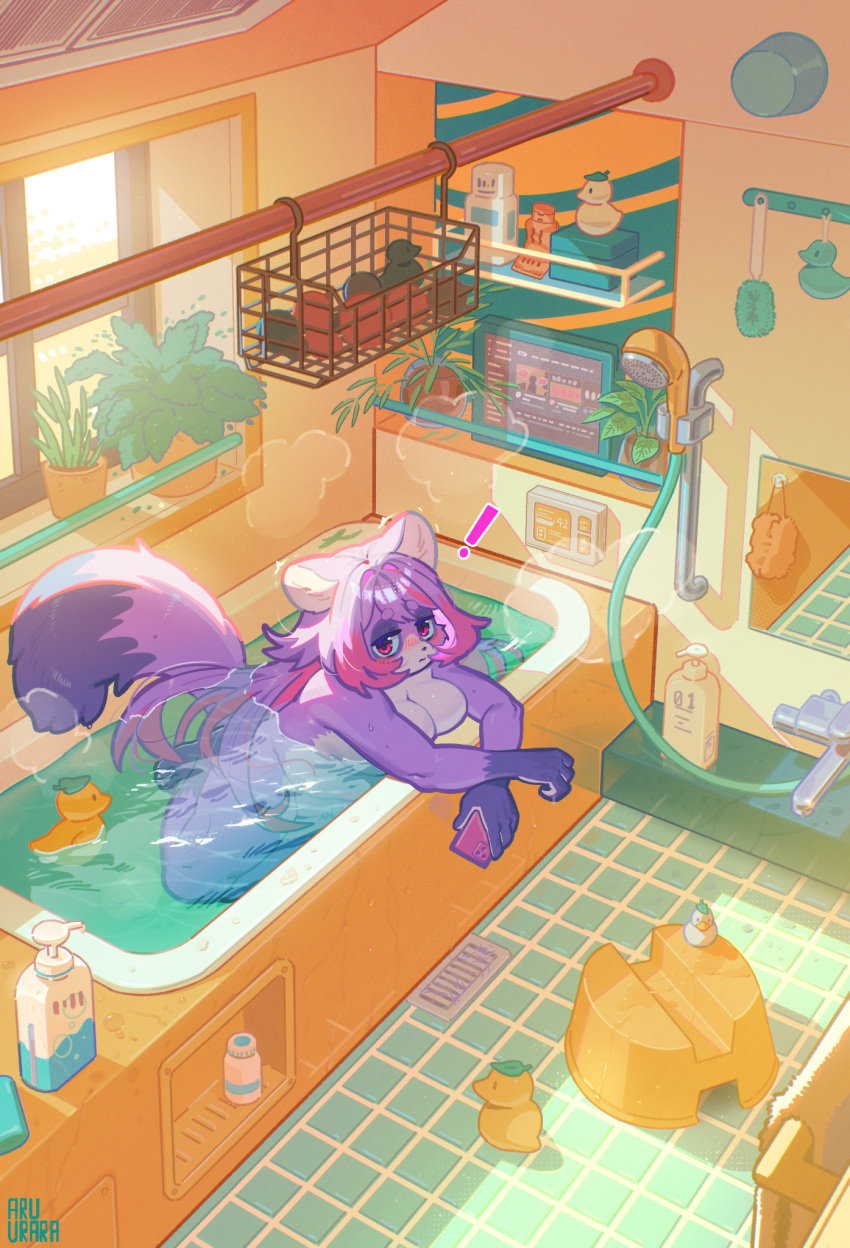 ! animal_ears animal_nose bath bath_stool bathroom bathtub blush breasts cellphone colored_lineart day elbow_rest expressionless female from_above furry furry_female half-closed_eyes highres holding holding_phone indoors inuki_(aruurara) large_breasts long_hair looking_at_viewer mirror multicolored_hair nude original partially_submerged phone pink_eyes pink_hair plant potted_plant purple_fur purple_hair rubber_duck sitting smartphone solo steam stool straight_hair tail thick_eyebrows two-tone_hair wet window