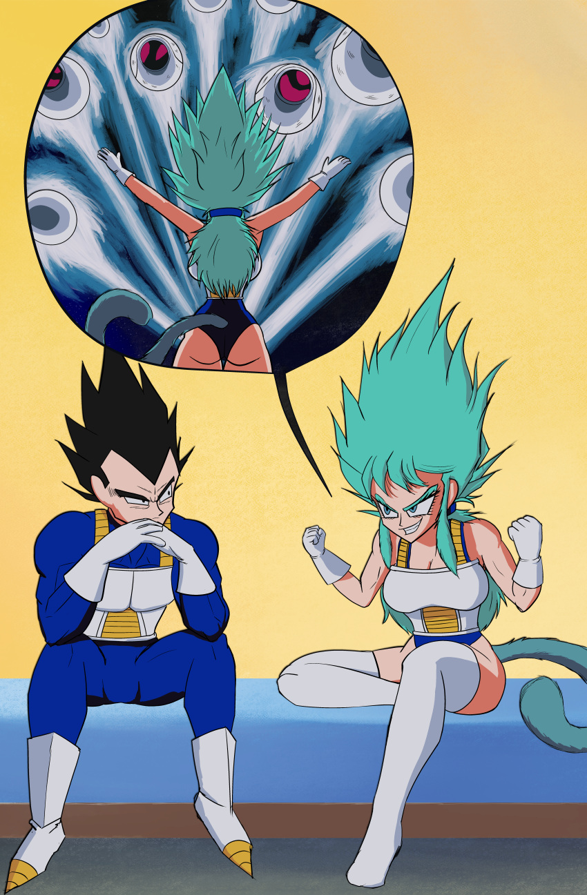 1boy absurdres aged_up bedroom black_hair blue_eyes blue_hair blue_jumpsuit blue_leotard blue_tail boots bra_(dragon_ball) breasts dragon_ball dragon_ball_eschaton dragon_ball_super dragon_ball_z eschallotte father_and_daughter female gloves highres jumpsuit leotard long_hair monkey_tail saiyan saiyan_armor self-upload sidelocks smile spiked_hair spoken_character spoken_scene tail thighhighs vegeta white_footwear white_gloves white_thighhighs worried