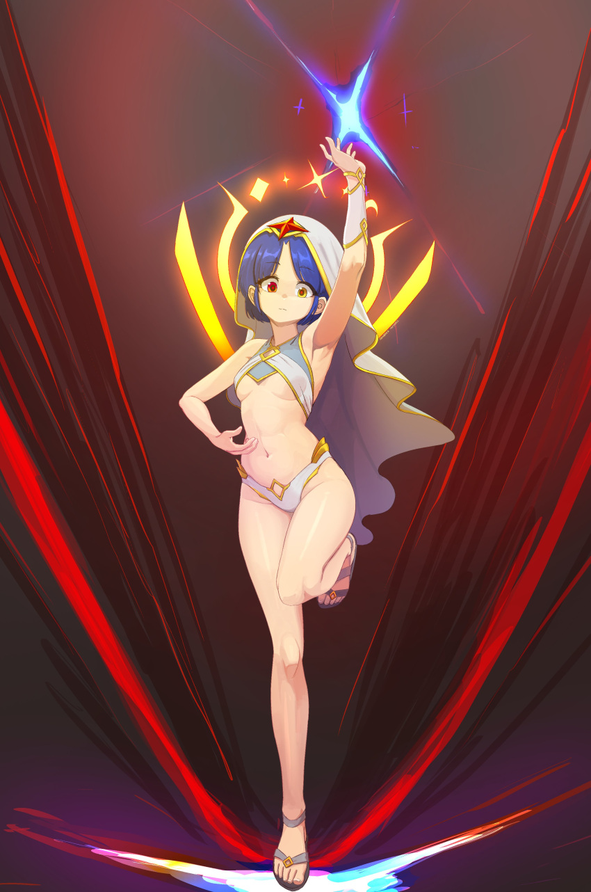 absurdres arm_up bare_legs breasts dancer female full_body heterochromia highres math midriff navel original red_eyes sandals short_hair single_bracer small_breasts solo standing standing_on_one_leg suweeka toes underboob veil yellow_eyes