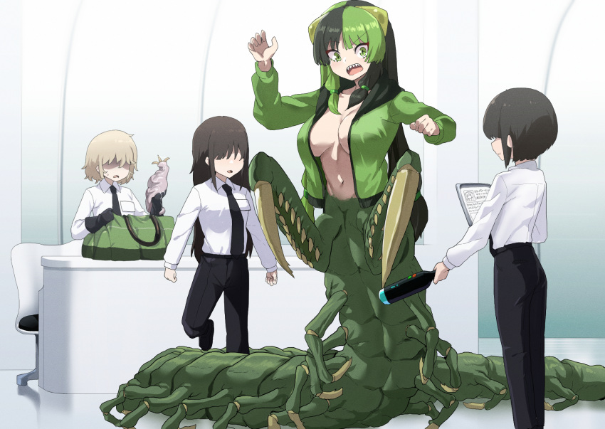 4girls arthropod_girl bag black_gloves black_hair black_necktie black_pants blonde_hair blush borrowed_character breasts centipede_girl commentary_request duffel_bag faceless faceless_female fuka_(kantoku) full_body gloves green_eyes green_hair green_jacket highres jacket large_breasts long_hair long_sleeves looking_at_another men_in_black monster_girl multicolored_hair multiple_girls navel necktie open_clothes open_jacket open_mouth original pants security_checkpoint sharp_teeth shirt short_hair solo_focus split-color_hair teeth upper_teeth_only v-shaped_eyebrows white_shirt