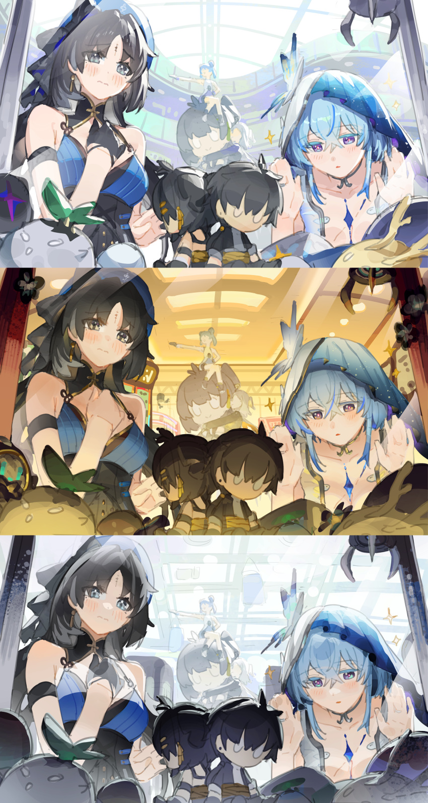 1boy 3girls aalto_(wuthering_waves) absurdres against_glass arm_strap bare_shoulders beret black_bow black_collar black_eyes black_gloves black_hair blue_hair blue_hat blue_veil blush bow breasts character_doll collar collarbone commentary_request crane_game dl_(dl_6ix) earrings female_rover_(wuthering_waves) gloves hair_between_eyes hand_on_glass hat hat_bow highres indoors jewelry korean_commentary looking_at_object making-of male_rover_(wuthering_waves) medium_breasts multiple_girls parted_bangs parted_lips purple_eyes red_pupils rover_(wuthering_waves) single_glove tacet_discord_(wuthering_waves) tacet_mark_(wuthering_waves) the_shorekeeper_(wuthering_waves) two-tone_veil veil white_veil wuthering_waves yangyang_(wuthering_waves) youhu_(wuthering_waves)