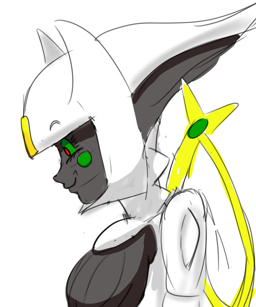 4chan_anon anonymous_artist anthro arceus creepy_face creepy_smile dragon_ball female generation_4_pokemon goku green_eyes hi_res humanoid legendary_pokemon meme nintendo pokemon pokemon_(species) smile solo third-party_edit