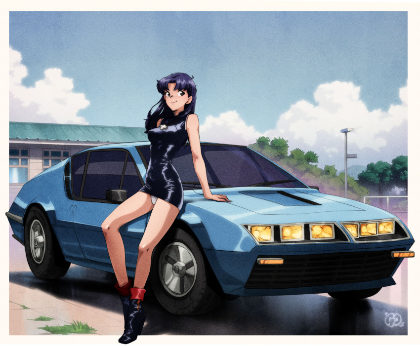 absurdres alpine_a310 arm_support artist_logo bare_legs black_dress blue_car blue_sky blush boots border breasts brown_eyes car cloud cloudy_sky cross cross_necklace day dress female full_body high_heel_boots high_heels highres impossible_clothes impossible_dress jewelry katsuragi_misato leaning_on_object legs logo long_hair medium_breasts motor_vehicle necklace neon_genesis_evangelion open_clothes outdoors panties parted_bangs purple_hair short_dress sky smile solo sports_car thatpersonaguy tree underwear variant_set vehicle_focus white_panties